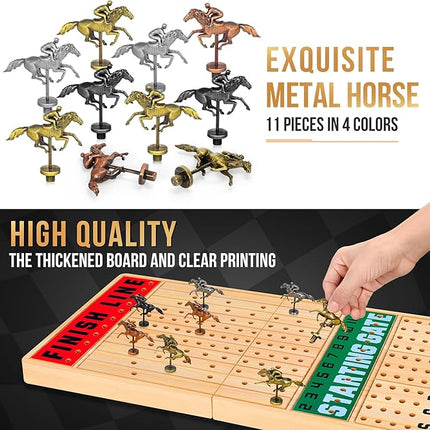 Large 21 Inches Horse Race Board Game, Horse Racing Games with Cards and Dice & 11 Luxury Metal Horses, Thickened Wood Chessboard, Classic Wooden Table Top Board Games for Adults and Family