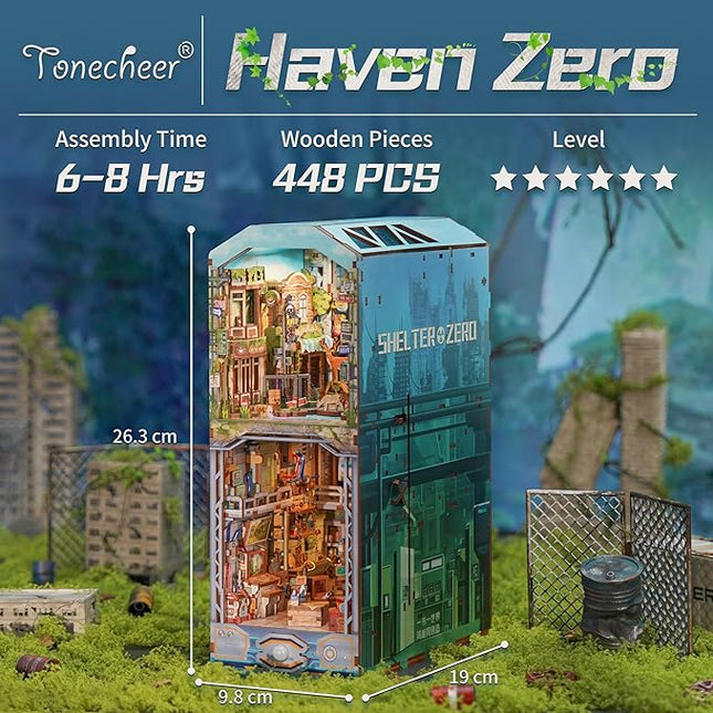 Tonecheer DIY Book Nook Kit for Adults, Wooden 3D Puzzle Bookend Diorama Bookshelf Insert Decor Fancy Books, Booknook Miniature House Kit with Dust Cover and Sensor LED (Haven Zero)