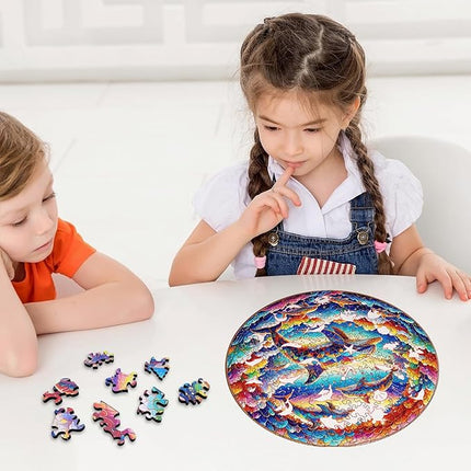 Wooden Puzzle for Adults – Unique Dolphin-Shaped Jigsaw, Colorful Ocean Animal Design Brain Teaser for Kid & Teen, 220 Pieces, 10"x10", Ships as Whole Puzzle Board, Gift-Ready Box, Fun Family Game