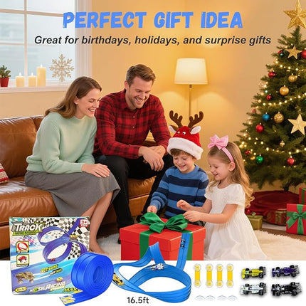 Flexible Race Car Track for Kids, 16.5 Ft Long Bendable Racetrack with Suction Cups, Compatible with Hot Wheels and 1:64 Diecast Cars, Portable Montessori STEM Toy for Boys & Girls (Racing Blue)