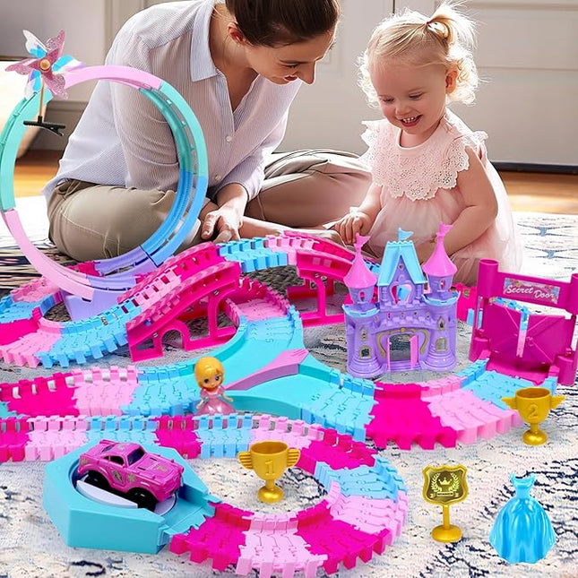 178 PCS Track Toy, Pink Racing Tracks Toys for 3 4 5 6 Year Old Girls, Flexible Tracks Car Magic Bendable Race Track Princess Toys with Light & Music for Toddlers, Kids and Girl Xmas Birthdays Gifts