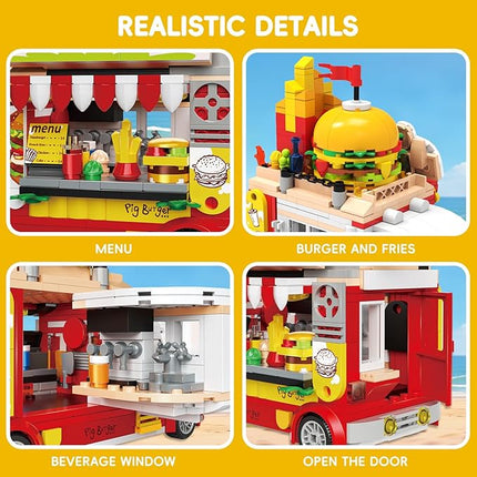 Piggy Burger Truck Building Set, 566PCS Creative Fast Food Truck Playset Compatible with Lego City Car, Imaginative Pretend Play Toys Gift for Kids Ages 6+