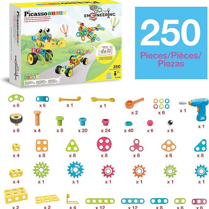 PicassoTiles STEM Learning Toys 250 Piece Building Block Kids Construction Engineering Kit Toy Blocks Children Early Education Playset w/Free IdeaBook, Power Drill, Clickable Ratchet, Age 3+ PTN250