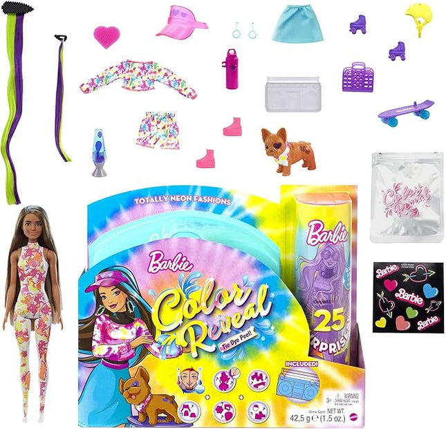 Barbie Color Reveal Totally Neon Fashions Doll with Blue-Streaked Brunette Hair & 25 Surprises Including Color Change, Gift for Kids