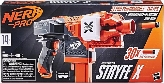 NERF Pro Stryfe X Dart Semi-Auto Blaster, Rechargeable LiPo Battery, 30 AccuStrike Half-Length Darts, 15-Dart Magazine, 150 FPS, Eyewear, 14+ (Amazon Exclusive)