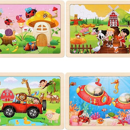 Wooden Puzzles Toys for Kids Ages 3-5, Set of 4 Packs with 20-Piece Farm, Animals Theme Wood Jigsaw Puzzles, Preschool Educational Brain Teaser Toys for Boys and Girls 3-6 Years Old.