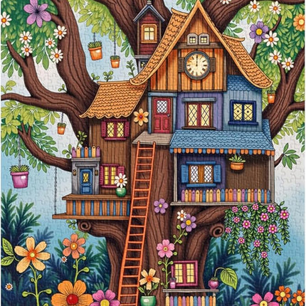 Treehouse Puzzles for Adults 1000 Pieces, Colorful Fantasy Tree of Life Jigsaw Puzzles, Challenging Floral Plant Puzzle