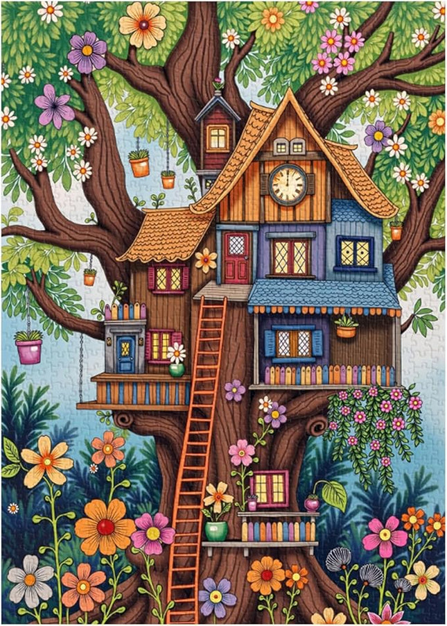Treehouse Puzzles for Adults 1000 Pieces, Colorful Fantasy Tree of Life Jigsaw Puzzles, Challenging Floral Plant Puzzle