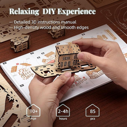 3D DIY Puzzle Moon City Model - LED 3D Wood Puzzle - 3D Wooden Puzzles for Adults Home Décor Gifts for Kids and Adults, Brown