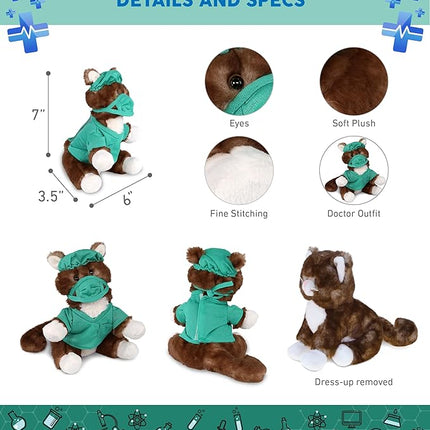 DolliBu Brown Cat Doctor Plush Toy - Super Soft Cat Doctor Stuffed Animal Dress Up with Cute Uniform and Cap Outfit - Fluffy Toy Plush Gift for Doctor, Nurse, Surgeon, Dentist - 7 Inch
