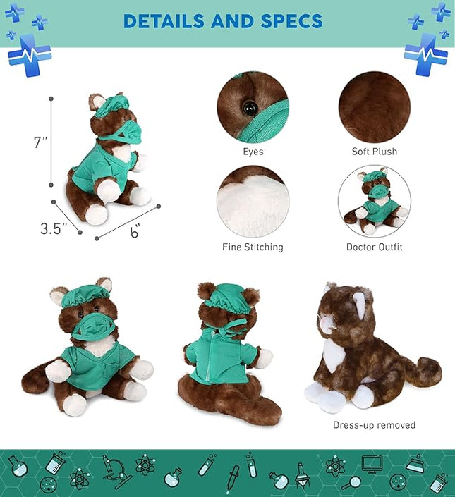 DolliBu Brown Cat Doctor Plush Toy - Super Soft Cat Doctor Stuffed Animal Dress Up with Cute Uniform and Cap Outfit - Fluffy Toy Plush Gift for Doctor, Nurse, Surgeon, Dentist - 7 Inch