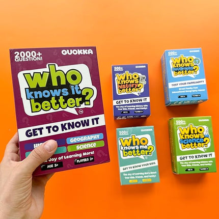 QUOKKA Who Knows Better? - Set 4 in 1 - Family Card Trivia Game | Fun Learning & Educational Questions for Families | Suitable for Boys & Girls