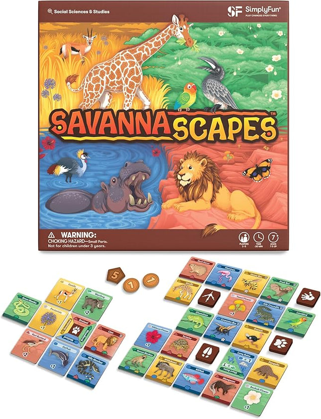 SimplyFun SavannaScapes - Learn About African Wildlife and Their Habitats. A Strategic and Educational Game for Kids Ages 7 & Up - 2 to 5 Players