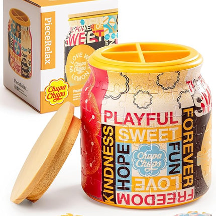 Chupa Chups X PieceRelax 3D Puzzle Jar 96 Plastic Pieces for Adults - Timeless Memories - Retro Fun M Use Includes Divider as Pen and Utensils Holder with Wooden Lid for Kitchen Dining Study [BB1044]