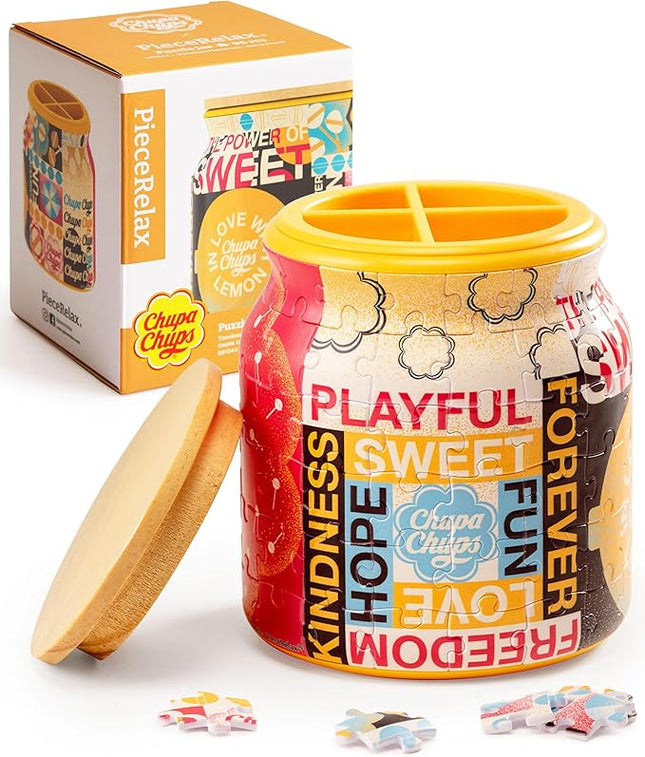 Chupa Chups X PieceRelax 3D Puzzle Jar 96 Plastic Pieces for Adults - Timeless Memories - Retro Fun M Use Includes Divider as Pen and Utensils Holder with Wooden Lid for Kitchen Dining Study [BB1044]