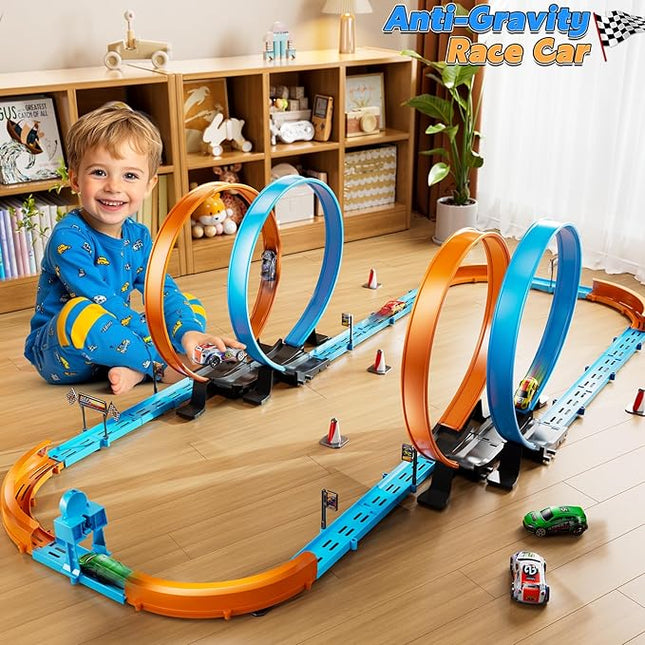 Toy Car Race Track Set for Boys Kids Age 3-5 4-7, Race Tracks with 4 Crash Zones and 1:64 Scale High-Speed Slot Cars, Christmas Halloween Birthday Gifts Toys for Toddlers Boys 4-8 8-12 Years