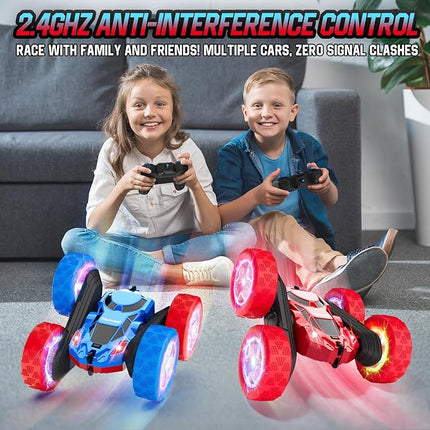 Remote Control Car Double Sided 360°Rotating 4WD RC Cars with Headlights 2.4GHz Electric Race Stunt Toy Car Rechargeable Toy Cars for 6-12 Year Old Boys Girls Birthday Gift (Red and Blue)