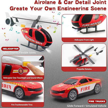 Toddler Boy Toys for 4 5 6 Year Old - 25'' Large Fire Truck Toy with Helicopter and Racing Car - Flatbed Semi Truck Firetruck Toy Birthday Gift with Sound, Light, 28pcs Traffic Signs, Kids Toys