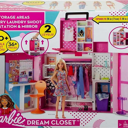 Barbie Dream Closet Playset with 35+ Doll Clothes & Accessories, Includes 5 Complete Looks, Pop-Up Second Level, Mirror & Laundry Chute