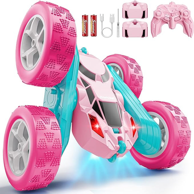 Pink RC Car for Girls, 360° Spinning Stunt Remote Control Vehicle with Lights, Upgraded 4WD Toy Rechargeable via USB-C, 2.4GHz Fast Electric Gift for Girls Age 6+ (Pink)