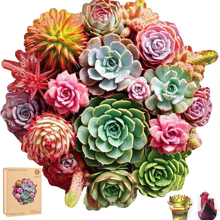delobil Succulent Bouquet Wooden Puzzles for Adults, 500 Pieces Mandala Round Jigsaw Puzzles, Royal Size Unique Shaped Liberty Wood Puzzle Gift for Kids, Family Game 16.7'' x 16.3''