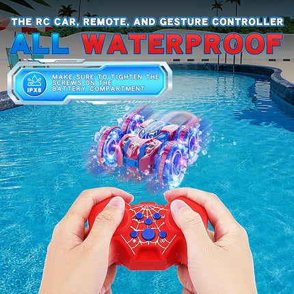 4WD Waterproof RC Car, 2.4 GHz Land & Water Remote Control Car Remote Control Boat for kids, 360°Rotation RC Truck Stunt Cars with LED Lights, Boys Girls Gifts All Terrain Water Beach Pool Toy