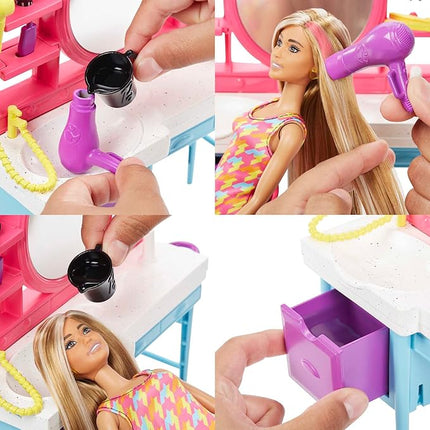 Barbie Doll & Hair Salon Playset with 15 Styling Accessories & Furniture, Long Color-Change Hair & Printed Dress