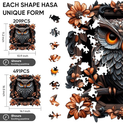 Wooden Puzzles for Adults, Owl Wooden Jigsaw Puzzles 209pcs, Animal Adult Puzzles, Irregular Wood Puzzles Creative Gift for Adults and Kids Family Brain Game, 11.2x10.9 inch