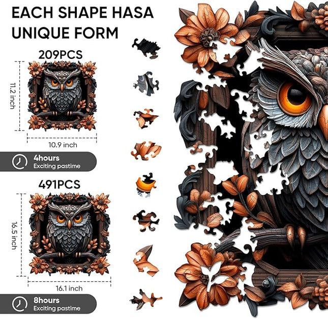 Wooden Puzzles for Adults, Owl Wooden Jigsaw Puzzles 209pcs, Animal Adult Puzzles, Irregular Wood Puzzles Creative Gift for Adults and Kids Family Brain Game, 11.2x10.9 inch