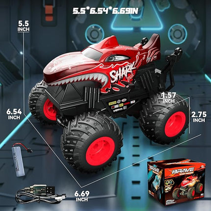 BEZGAR Monster Truck Toys - Remote Control Monster Truck with Light & Music, Dinosaur Toys for Kids, 1:20 Scale RC Truck with 360° Spins and Drifting, Remote Control Car for Boys 4-7 Red