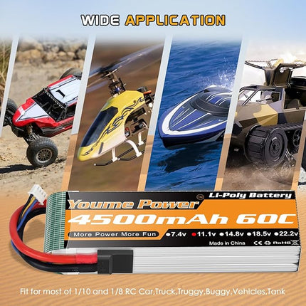 Youme 11.1V Lipo Battery 4500mAh,3S RC Lipo Batteries 60C Tr Plug for 1/10 RC Car/Truck/Truggy,RC Airplane Quadcopter Drone Helicopter Boat Models(2 Packs)