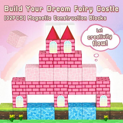 3 otters 32PCS Magnetic Blocks, Toddler Travel Toys Castle Magnetic Building Cubes STEM Learning Toys for Kids Gifts for Girls 3 4 5 6 7 8