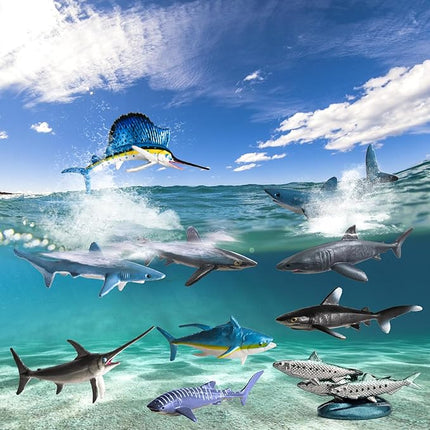 10PCS Mini Ocean Animals Sharks Fish Creatures Educational Sea Science Toy Set - Animal Figurines, Sailfish Figure - Bulk Kids Birthday Gift
