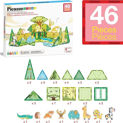 PicassoTiles Magnet Tile Building Block Safari Themed Set with 8 Compatible Magnetized Animal Action Figures Build Blocks Toddler Creativity Toys STEAM Educational Learning Skills Ages 3+ PTQ12