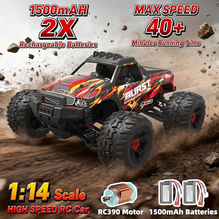 Rc Cars 1:14 All Terrain RC Car for Adults & Boys 4WD Off-Road Remote Control Truck 40+ KM/H High Speed 4X4 Waterproof Remote Control Car with 2 Rechargeable 1500 mAh Batteries 8-12(Red)