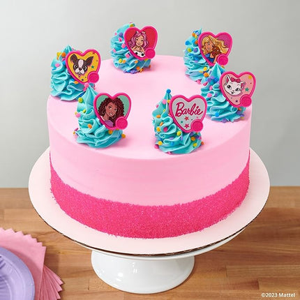 DecoPac Barbie Be The Future Rings, Pink Heart Shaped Cupcake Decorations Featuring Barbie and her Friends For Birthday Party And Celebrations - 24 Pack