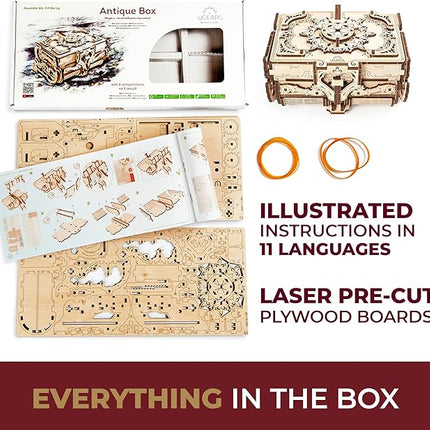 UGEARS 3D Wooden Puzzles Box - 3D Puzzle Antique Wooden Box Wooden Model Kits for Adults - Laser-Cut Mechanical Model Construction Kit