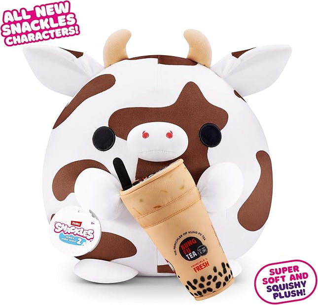 Snackles Series 2 14-inch by ZURU Cuddly Squishy Comfort 14-inch Plush with Licensed Snack Brand Accessory (Cow&Kung Fu Tea Bubble Tea)