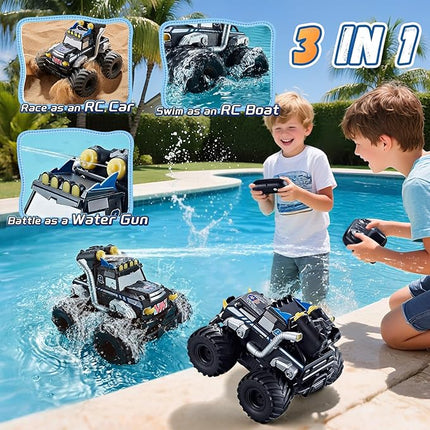 3-in-1 Amphibious Remote Control Car, RC Boat/Water Gun, 2.4GHz All Terrain Waterproof Monster Trucks for Boys Age 4-7 W/2 Batteries 70 min, Birthday Gift Pool Toys for Kids Ages 4-8