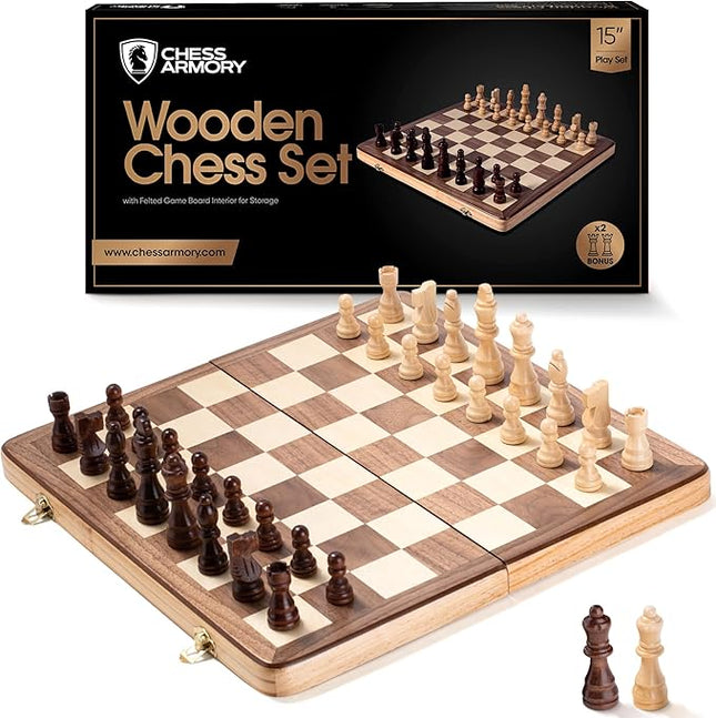 Chess Armory Wooden Chess Set 15 Inch - Classic Handcrafted Game Board for Adults and Kids with Extra Queen Pieces and Storage Box - Ideal for Home and Travel - Non-Magnetic