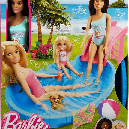 Barbie Doll & Pool Playset, Brunette in Seafoam Blue One-Piece Swimsuit with Pool, Slide, Towel & Drink Accessories