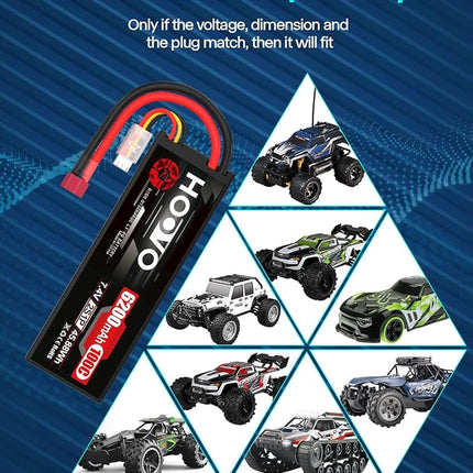 HOOVO 2S Lipo Battery,7.4V 6200mAh 100C LiPo Battery RC Pack Hard Case with T Plug Compatible with RC Buggy Vehicles Car Boat Truck, 2 Pack