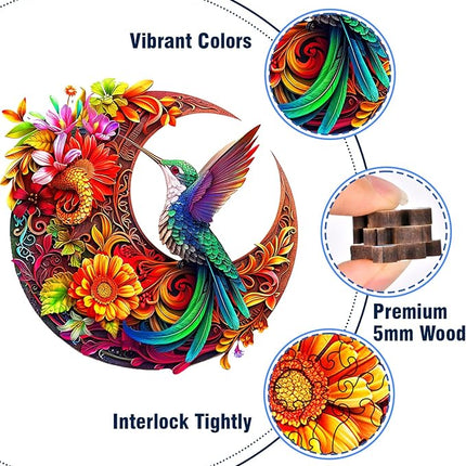 Unique Wooden Puzzles for Adults, Hummingbird Puzzle 200 Pieces 11.42" x 11.42", Animal Shaped Wood Puzzles Adult Brain Teasers, Wooden Jigsaw Puzzles, Family Games for Kids and Adults