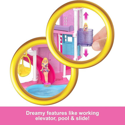 Barbie Mini BarbieLand Doll House Sets, Mini Dreamhouse with Surprise 1.5-inch Doll, Furniture & Accessories, Plus Elevator & Pool