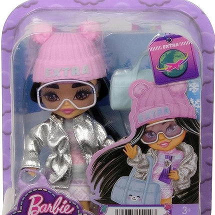 Barbie Extra Fly Minis Travel Doll, Snowy Look with Icy Blue Highlights in Pastel Sweater Dress & Accessories