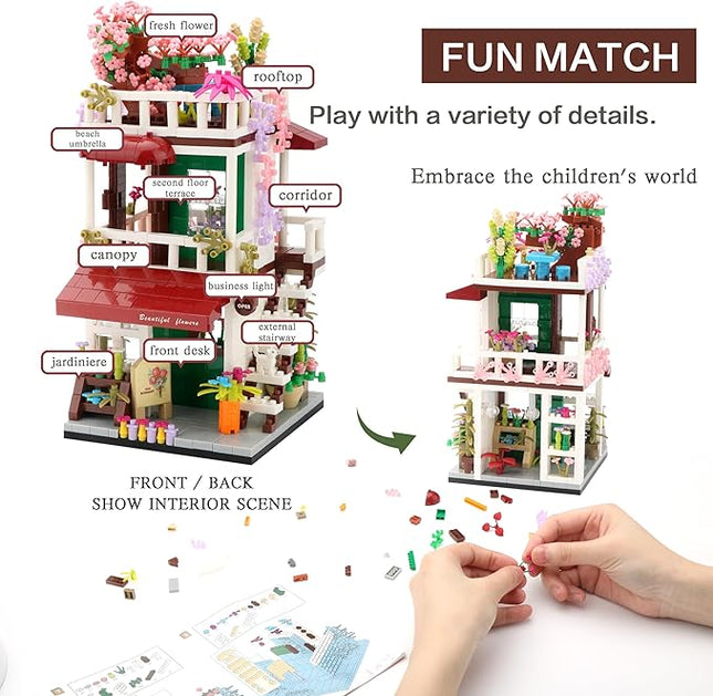 Street View Mini Building Blocks Flower House Shop Store Building Kit Simulation Construction Educational Creative for Adults 953 pcs