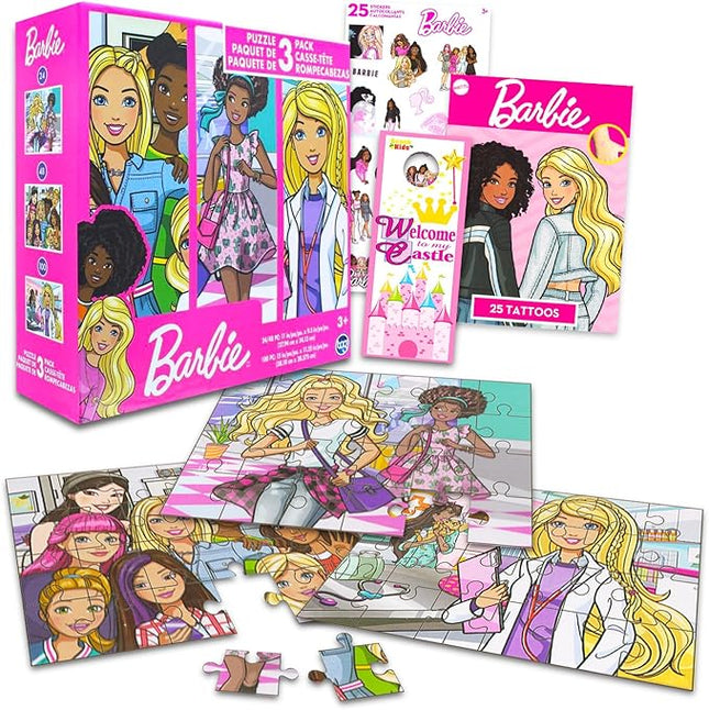 Barbie Jigsaw Puzzle Set for Kids, Girls - Bundle with 3 Barbie and Friends Puzzles Plus Stickers, Tattoos, More (24, 48, and 100 Piece Count Puzzles)