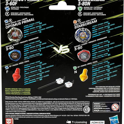 Beyblade X Transformers Collab Optimus Primal 3-60F vs. Starscream 3-80N Multipack Set with 2 Tops & 2 launchers; Battling Top Toys for 8 Year Old Boys & Girls (Amazon Exclusive)