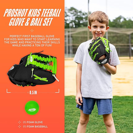 NERF Proshot Kids Teeball Glove + Ball Set - Youth Baseball Glove + Foam Ball - Boys + Girls Teeball Mitt Set - Adjustable Fit for Kids - Right Hand Throw - 8.5"