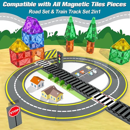 Magnetic Tiles Road & Train Track Expansion Pack Magnetic Building Blocks Construction Kids Toys for Ages 3-12 Boys Girls Building Toys Includes Road Tracks, Traffic Lights, Parking Spot